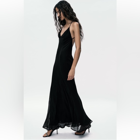 Last one 🚨Zara STRAPPY GAUZE Maxi Dress V-neck Open back strap Lining M NWT - Picture 5 of 13